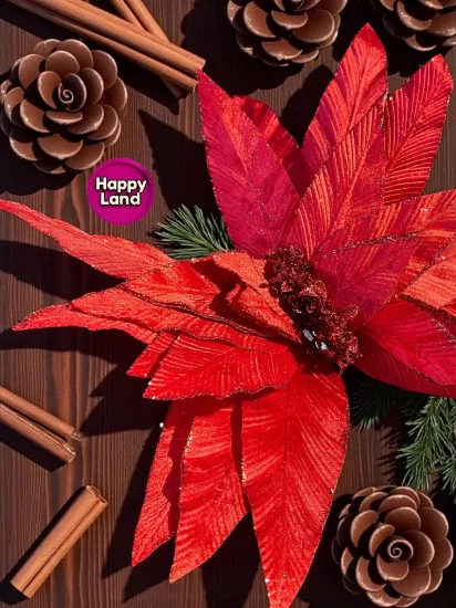 Happyland Yılbaşı Süsü Yapay Simli Papatya Ponsetya Kırmızı 60 cm Büyük Boy Atatürk Çiçeği HPY26082