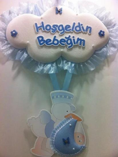 Happyland Bebek Odası Kapı Süsü; Bulut Leylek Baskılı Mavi