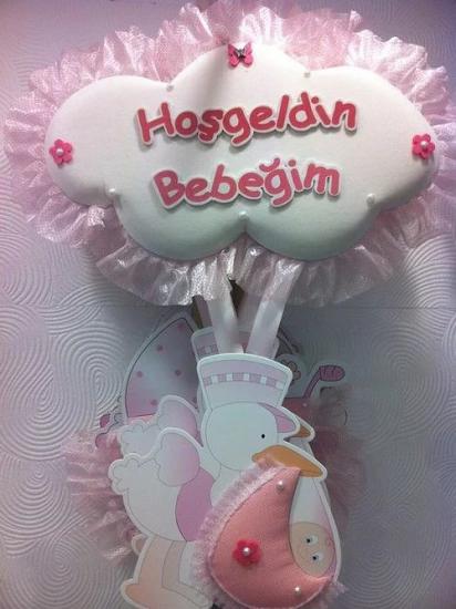 Happyland Bebek Odası Kapı Süsü; Bulut Leylek Baskılı Pembe