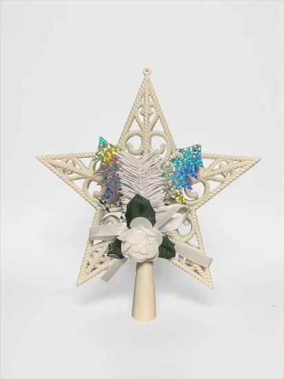 Happyland Yılbaşı Çam Ağacı Süsü Güllü Model Beyaz Tepe Yıldızı Yıldız Tepelik 25 Cm HPY26020