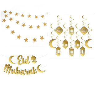 Happyland Ramazan Ayı süs setleri 3 lü set 4m yıldız & Eid Mubarak yazı ve 10 lu 3 d yay süs