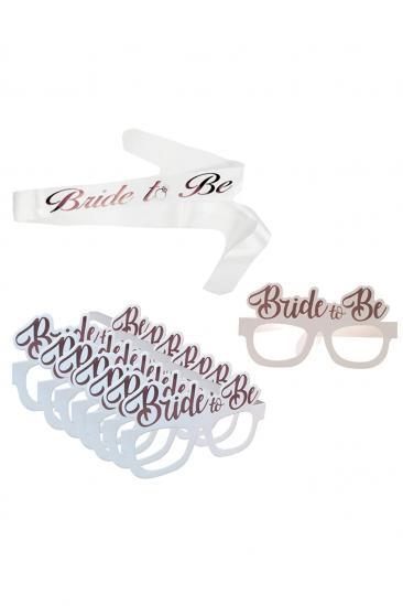 Happyland Bride To Be Yazılı Beyaz Rose Gold Bekarlığa Veda Partisi Konsept Kuşak + Gözlük Seti