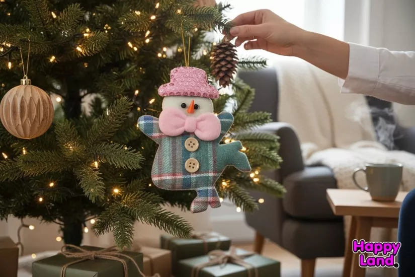 Happyland Yılbaşı Ağacı Süsü Kardanadam Düğmeli Makaron Yeşil Renk Asma Süs 15cm Noel Dekor HPY26045