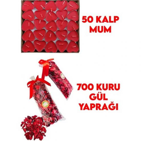 Happyland 14 Şubat Sevgililer Günü 50 Mum + 700 Kuru Gül Yaprağı, Kalpli Mum ve Kuru Gül Yaprakları