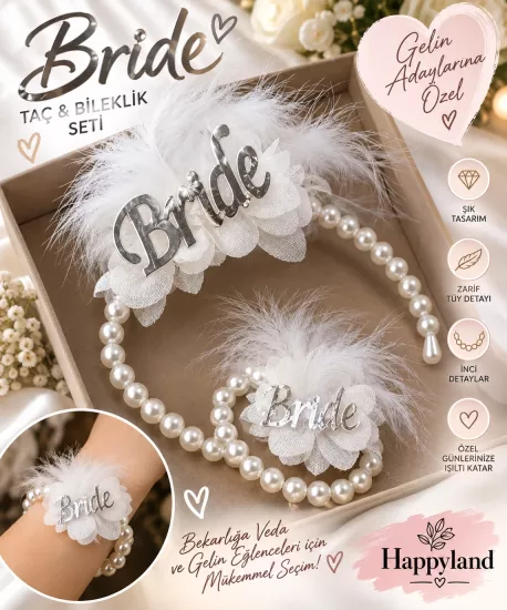 Happyland Bride To Be Beyaz Tüylü Gümüş Detaylı İncili Taç ve Bileklik Seti Bekarlığa Veda Parti Aksesuarı