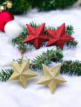 Happyland Yılbaşı Çam Ağacı Süsü 4 adet Yıldız Süs 8 cm2 kırmızı 2 gold Renklerde Yılbaşı Yıldız Süs