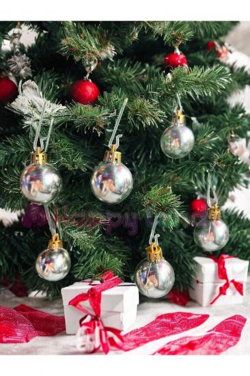 Happyland Yılbaşı Çam Ağacı Topu 3cm Gümüş Parlak 12adet Mini Yılbaşı Topu 3 CM Gümüş Cici Toplar
