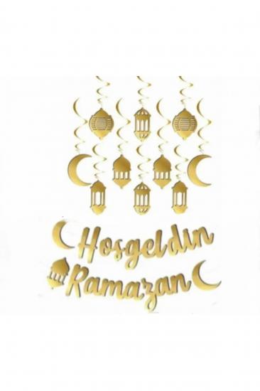 Happyland 1 Adet Gold Hoşgeldin Ramazan Kaligrafi Banner Ve 1 Adet 3 D Tavan Süs Seti
