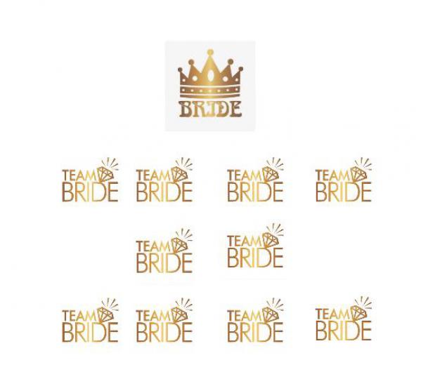 Happyland Taç Detaylı Bride Gelin Dövmesi ve Team Bride Tektaşlı Dövme 10’lu Bride To Be Partisi Kutlama Dövmesi Gelin Nedime Geçici Dövme Seti Gold
