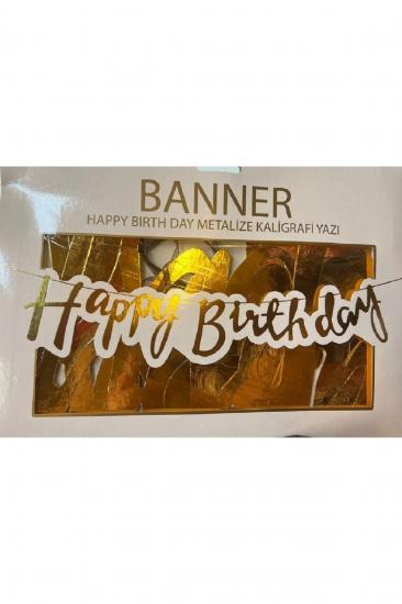 Happyland İpli İtalik Happy Birthday Yazılı Kaligrafi Banner Gold