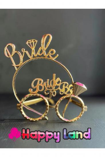 Happyland Bride Yazılı Gold Renk Gözlük Taç Seti Plastik Bekarlığa Veda Parti Tacı Gözlük Bride Set