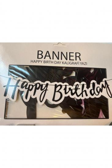 Happyland İpli İtalik Happy Birthday Yazılı Kaligrafi Banner Siyah