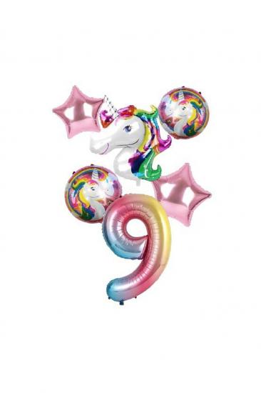 Happyland 9 Yaş Gökkuşağı Konsept Yaş Konsepti Unicorn Doğum Günü Seti Rakamlı Folyo Balon Seti 6 Parça 