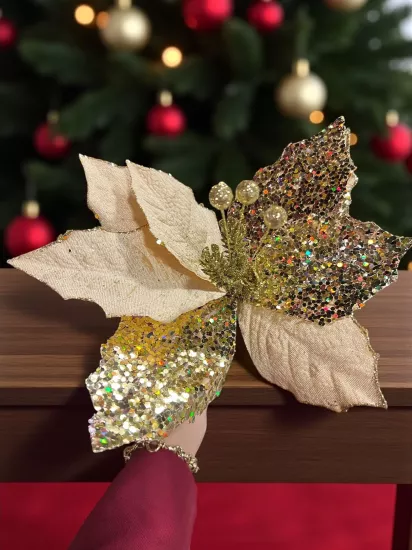 Happyland Yılbaşı Ağacı Süsü Gold Simli Ponsetya Çiçek 28 CM