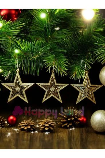 Happyland Yılbaşı Çam Ağacı Süsü 3’lü Gold Yıldız Asma Süs 10 cm Yılbaşı Yıldız Süsler