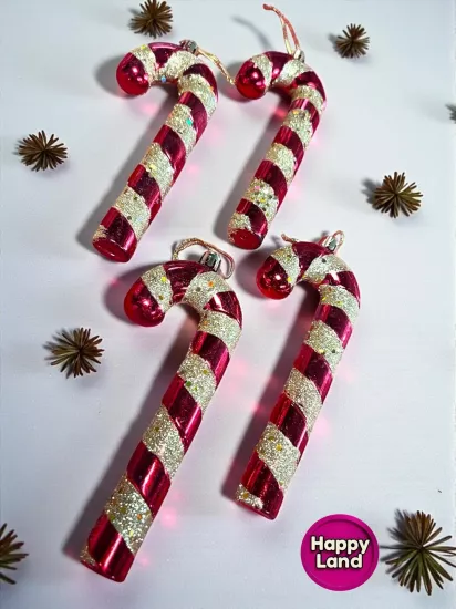 Happyland Yılbaşı Ağaç Süsü Baston Şeker Gold Simli Ağaç Süsü 4 Adet 16 cm Orta Boy HAPPY2025-140
