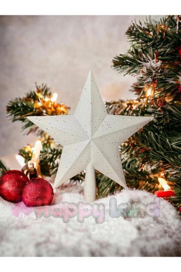 Happyland Yılbaşı Çam Ağacı Tepe Yıldızı Beyaz Simli Model Büyük Boy Yılbaşı Ağacı Tepe Yıldızı 23 CM