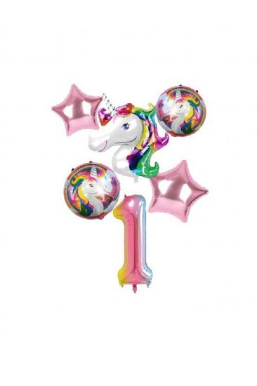 Happyland 1 Yaş Gökkuşağı Konsept Yaş Konsepti Unicorn Doğum Günü Seti Rakamlı Folyo Balon Seti 6 Parça