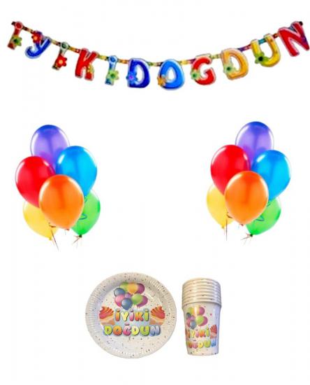 Happyland Rengarenk Doğum Günü Parti Paketi Ekonomik Set Renkli İyiki Doğdun Yazılı Balon+ Tabak Bardak Seti