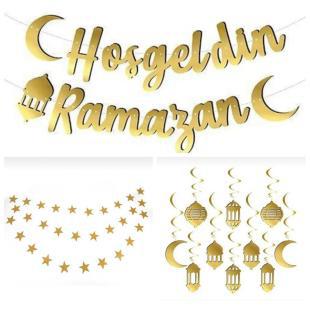 Happyland  Hoşgeldin Ramazan Dekor Süs Seti 3 Parça (kaligrafi yazı ,yıldız süs, Ramazan Yay süs )
