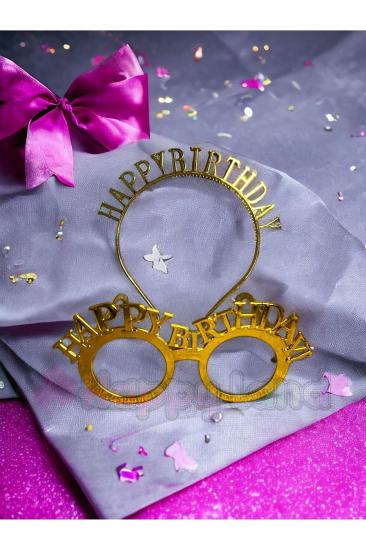 Happyland Happy Birthday Tac Gözlük Seti Gold Renk Doğum Günü Parti Aksesuar Taç Gözlük