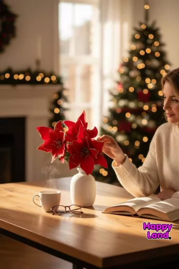 Happyland Yılbaşı Çiçeği 1 Demet 5 Çiçekli Kırmızı Gold Simli Ponsetya Atatürk Çiçeği Yılbaşı Yapay Çiçek