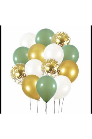 Happyland Retro Balon Retro Küf Yeşili Metalik Gold Beyaz Gold Konfetili Şeffaf Balon Seti 20 Adet