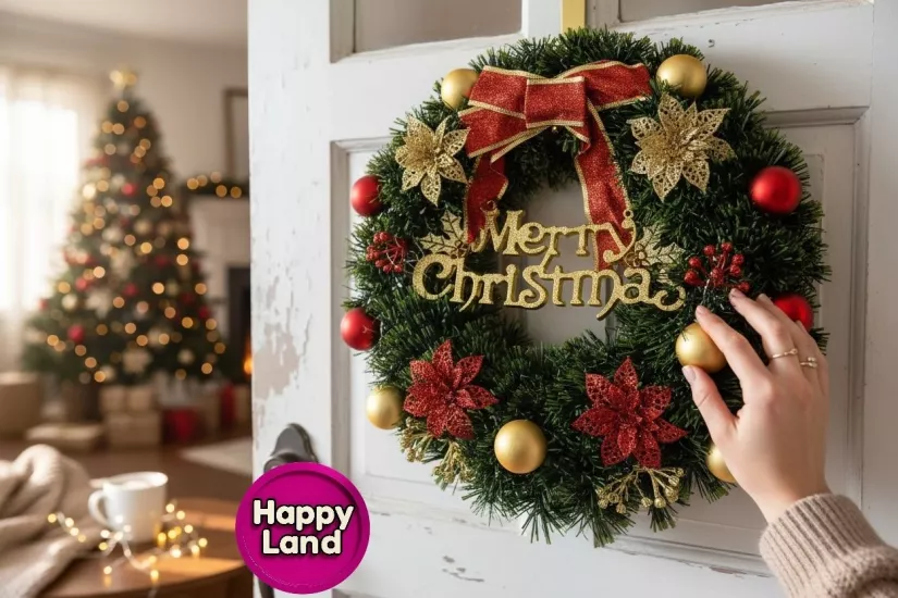 Happyland Yılbaşı Kapı Süsü Çelenk Kapı Çelengi Merry Christmas 35 cm Yılbaşı Çelenk Ev Dekor HPY-6