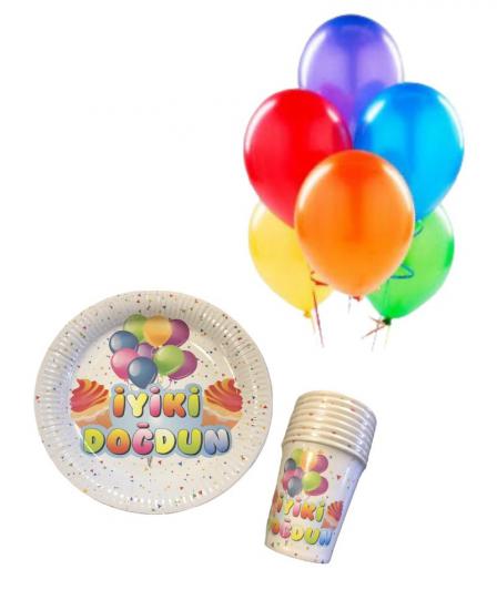 Happyland Rengarenk Doğum Günü Parti Paketi Ekonomik Set Renkli İyiki Doğdun Yazılı Tabak Bardak + Renkli Balonlar