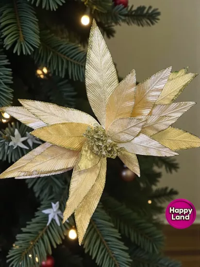 Happyland Yılbaşı Süsü Yapay Simli Papatya Ponsetya Gold 60 cm Büyük Boy Atatürk Çiçeği HPY26082