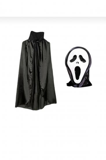 Happyland Halloween Kostüm Seti ( Siyah Renk Dik Yakalı Pelerin 120 Cm Ve 1 Adet Çığlık Maskesi)