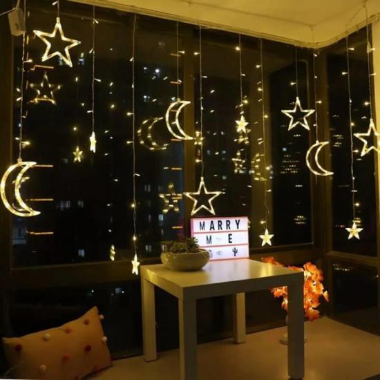 Happyland Ay Yıldız Perde Led Işıklar Animasyonlu Fişli Sarkıt Dekoratif Ay Yıldız Saçaklı Led Kumandalı Perde Led