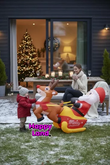 Happyland Yılbaşı KızaklıGeyikli Noel Baba Işıklı Şişme Dekor 150cm Bahçe Kapı Önü Dekor HAPPY20251L