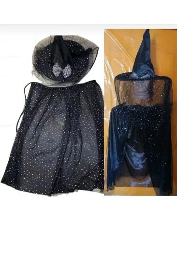 Happyland Halloween Siyah RenkÜzerine Gümüş Yıldızbaskı CadıPelerin ve Şapkası KostümSeti Çocuk 80cm 