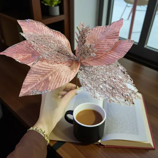 Happyland Yılbaşı Ağacı Süsü Rose Gold Simli Ponsetya Çiçek 28 CM HPY26079