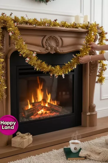 Happyland Yılbaşı Süsü Süslü Tinsel Garland Sim 2 m Gold Renk Noel Babalı Model