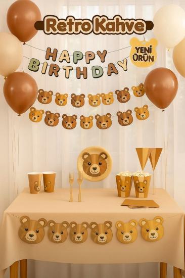 Happyland Ayıcıklı Parti Seti Retro Kahve Parti Temalı Doğum Günü Parti Seti 8 Kişilik
