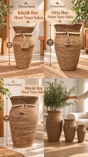 Happyland Hasır Örgü Dekoratif Saksı Sepet 3’lü Set (60 -50-40 cm )Bohem Boncuk ve Püskül Detaylı Doğal Görünüml