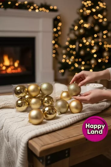 Happyland Yılbaşı Çam Ağacı Süsü 8 cm 6’LI Gold Renk Yılbaşı Topu Büyük Boy Yılbaşı Topu HPY128