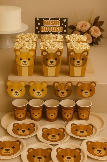 Happyland Ayıcıklı Retro ( Kahve ) Konsept Doğum Günü Baby shower Tabak Bardak Mısır Kutusu Seti