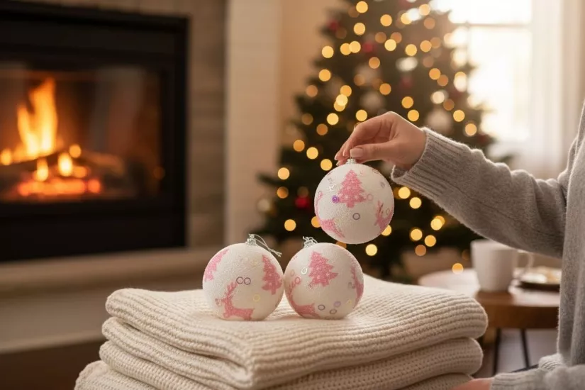 Happyland Yılbaşı Ağacı Süsü Beyaz PembeGeyik ve Ağaç Desenli 3 Adet 8cm Köpük Yılbaşı Topu HPY26055