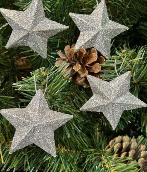 Happyland Yılbaşı Ağacı Süsü 4’lü Gümüş Renkli Yıldız Süs 7 Cm Yıldız Çam Ağacı Süsü