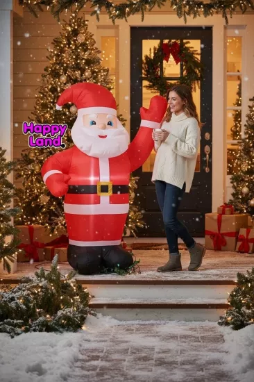 Happyland Yılbaşı Noel Baba Işıklı Şişme Dekor 120 cm Ev Kapı Önü Dükkan Noel Baba Dekor
