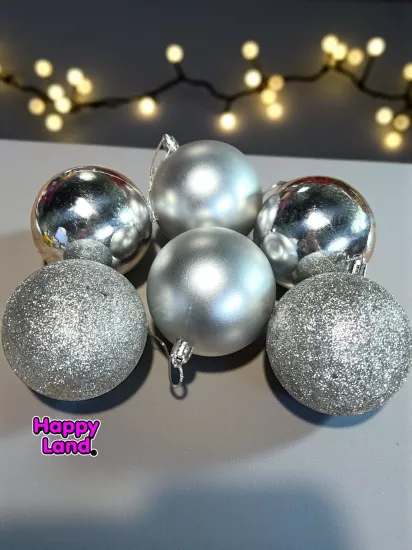 Happyland Yılbaşı Çam Ağacı Süsü 8 cm 6’LI Gümüş Renk Yılbaşı Topu Büyük Boy Yılbaşı Topu HP128