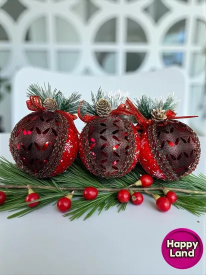 Happyland Yılbaşı Ağacı Süsü Lüks Desenli Ekose Kırmızı Yılbaşı Toplu 3 Adet 8 cm HPY26054