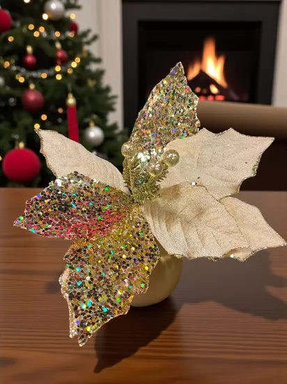 Happyland Yılbaşı Ağacı Süsü Gold Simli Ponsetya Çiçek 28 CM
