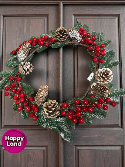 Happyland Kozalaklı Berryli Yılbaşı Kapı Süsü Kapı Çelengi 35 Cm Yılbaşı Kozalaklı Çelenk hpy26067