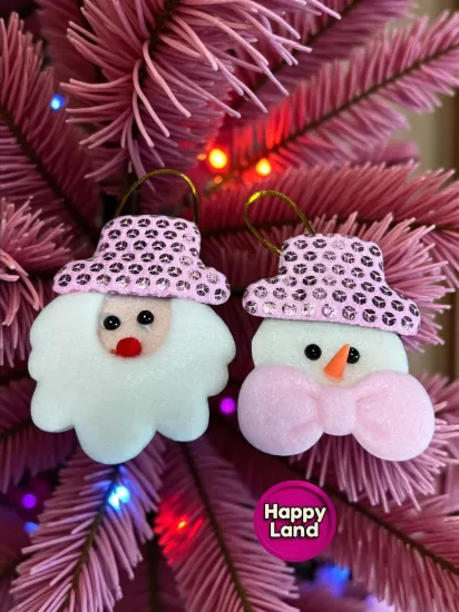 Happyland Yılbaşı Ağacı Süsü Noel Baba Kardanadam 2’li Makaron Pembe Peluş Asma Süs 10 cm HPY26046
