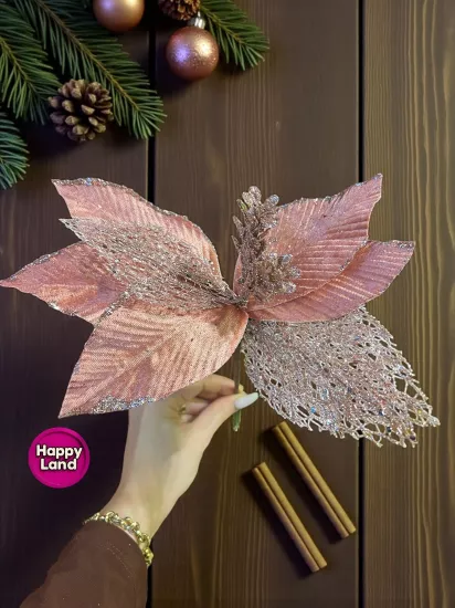 Happyland Yılbaşı Ağacı Süsü Rose Gold Simli Ponsetya Çiçek 28 CM HPY26079