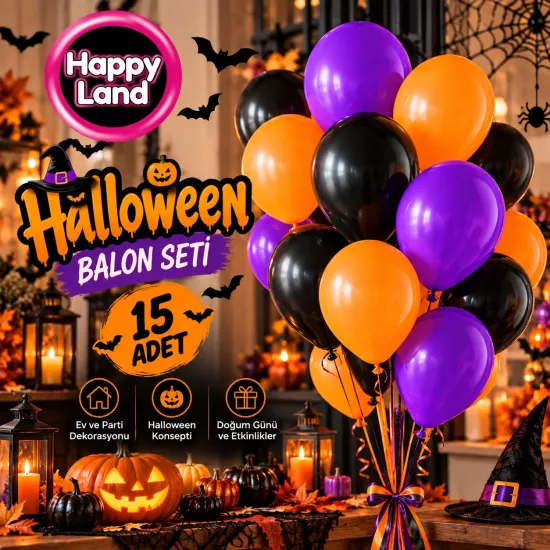 Happyland 15 Adet Halloween Cadılar Bayramı Mor, Siyah, Turuncu Parti Balonu, Halloween Parti Süsleri Balonları